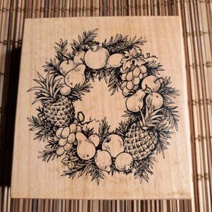 PSX K-1883 Pine Wreath With Fruit Pineapple Pear Grapes Pomegranate Rubber Stamp